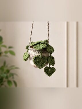 Crocheted Hanging Planter with Green Heart Leaves